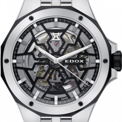 Zbliżenie tarczy Edox Delfin Mecano – widoczny mechanizm skeleton