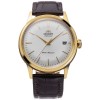 Widok frontowy zegarka Orient Bambino 38 mm z białą klasyczną tarczą.