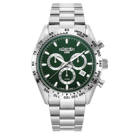 Zegarek męski Roamer Monza 100 Chronograph 42mm z zieloną tarczą i stalową bransoletą.