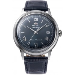 Orient Bambino V.2 RA-AC0024L30B – widok z przodu – niebieska tarcza z eleganckimi indeksami i datownikiem.