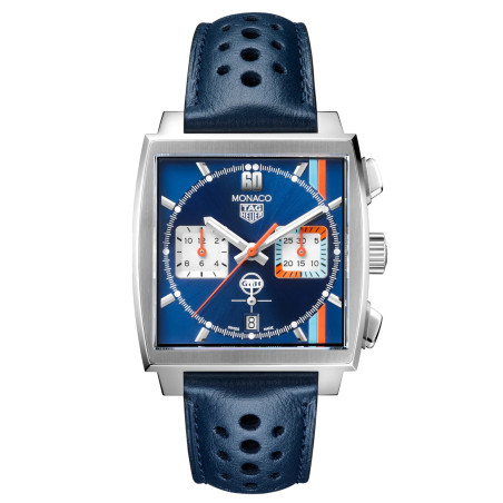 TAG Heuer Monaco X Gulf 39mm – sportowy zegarek z niebieską tarczą.