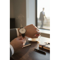 Klasyczny zegarek Orient na ręku – idealny do garnituru i casuala.