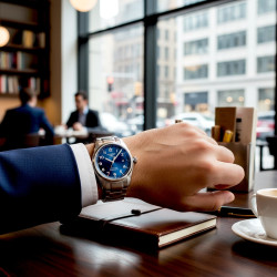 Mężczyzna z zegarkiem Longines Spirit COSC przy biurku