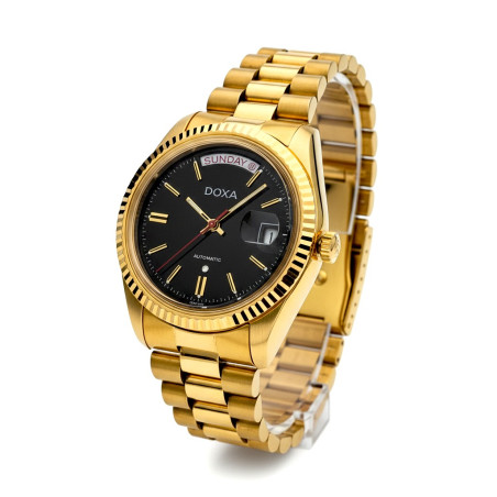 DOXA T-5634 – złoty zegarek męski Day-Date z czarną tarczą.