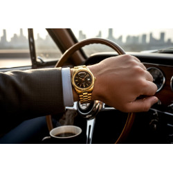 Lifestyle – złoty zegarek DOXA w samochodzie klasy premium.