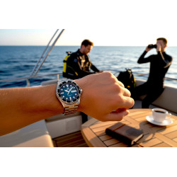 Sportowy zegarek Orient Kamasu na nadgarstku podczas wyprawy w morze w naturze