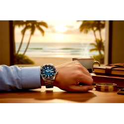 Sportowy zegarek Orient Kamasu na nadgarstku podczas pracy w biurze w naturze