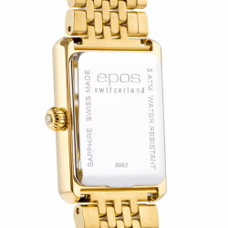 Zbliżenie na tylną część zegarka Epos Ladies Diamond, podkreślające grawer „Swiss Made” oraz detale luksusowej bransolety