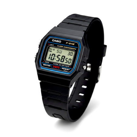 Kultowy cyfrowy zegarek męski Casio Vintage F-91W-1YEG na czarnym pasku z żywicy