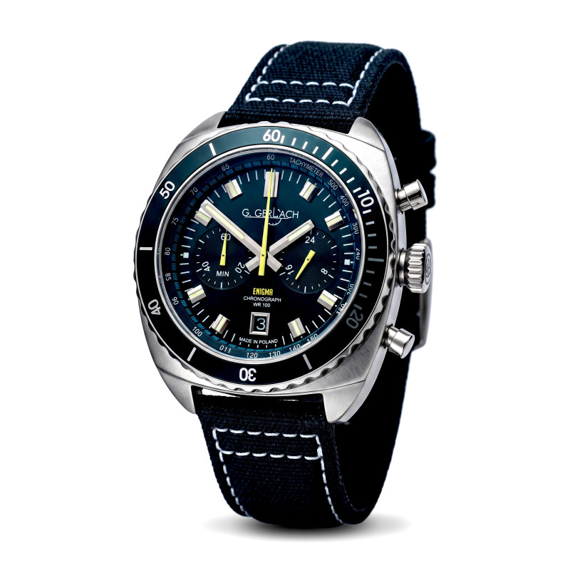 Polski zegarek męski G.Gerlach Enigma Czarna Chronograph z żółtą sekundówką na paski tekstylnym