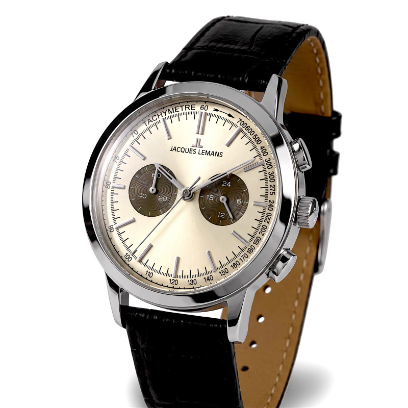 Austriacki zegarek męski Jacques Lemans Chronograph N-204B z szampańską tarczą i czarnym paskiem