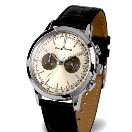Austriacki zegarek męski Jacques Lemans Chronograph N-204B z szampańską tarczą i czarnym paskiem