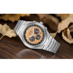 Brązowa tarcza, subtarcze chronografu i szkło szafirowe w zegarku Citizen CA4610-85Z