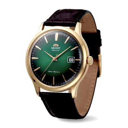 Zegarek męski automatyczny Orient Bambino TAC08002F0 z zieloną tarczą i złotą kopertą