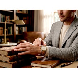 Zegarek Seiko 5 SNKE04K1 na męskim nadgarstku przy starych książkach w bibliotece