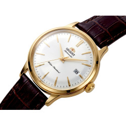 Złoty zegarek automatyczny Orient Bambino RA-AC0028S30B z białą tarczą